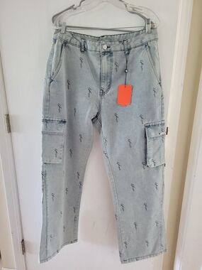 YoungLA Light Wash Cargo Jeans with Script Print